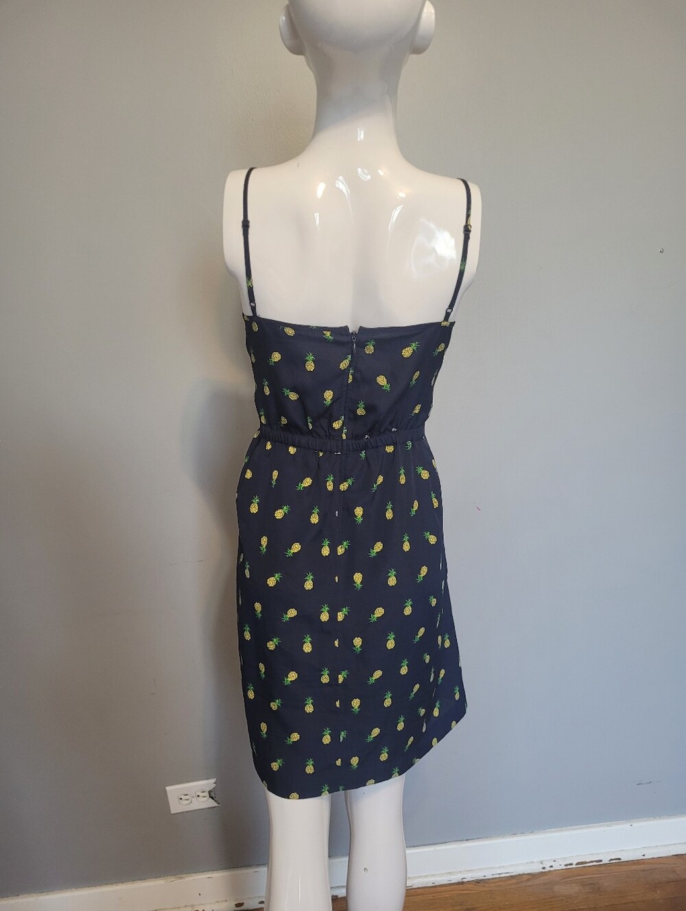 J.Crew Navy Blue Pineapple Print Spaghetti Strap Mini Sundress, VGUC, Size 8 - Picture 5 of 10